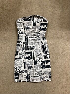 Garage Strapless Black and White Newspaper-Print Dress